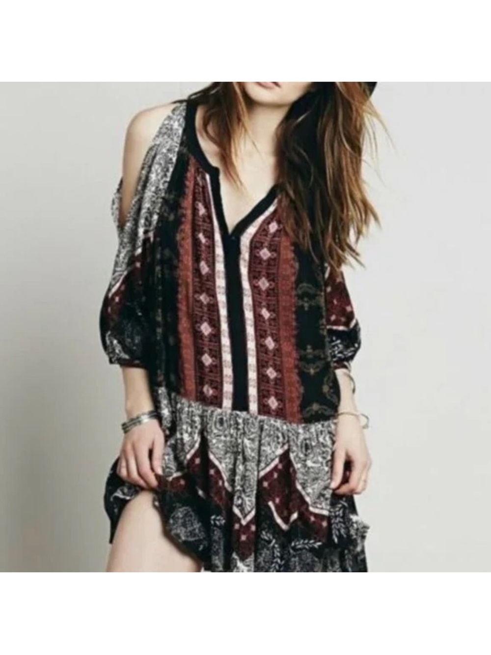 Free People Portobello Road Black and Gold Cold-Shoulder V-Neck Mini Dress